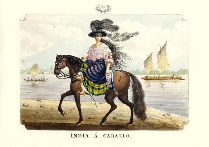 India a Caballo illustration by José Honorato Lozano, Filipino woman on horseback colonial Philippines