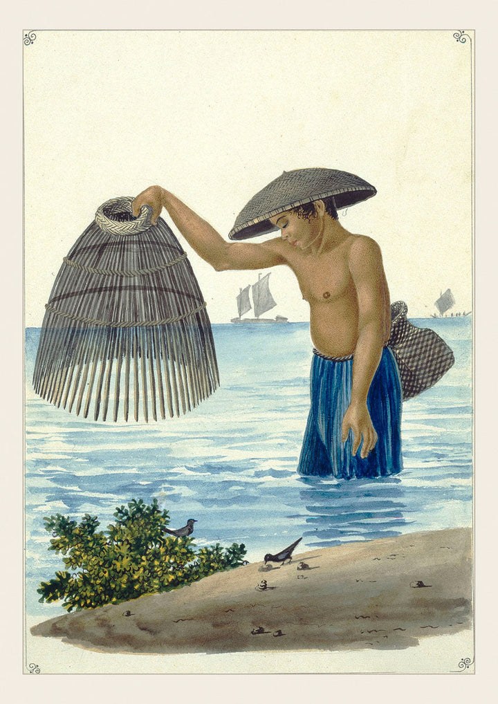  Indio Pescador 1847 watercolor by José Honorato Lozano, Filipino fisherman with bamboo salakab trap