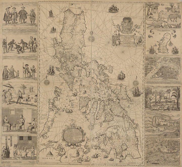 1734 Murillo Velarde map Philippines, full archipelago with Bagay border vignettes, archival fine art print reproduction